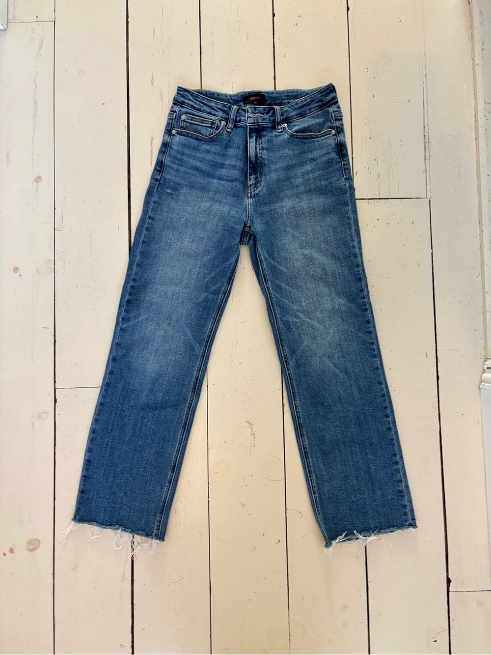 Quince Medium Blue Straight-Leg Jeans with Frayed Hem